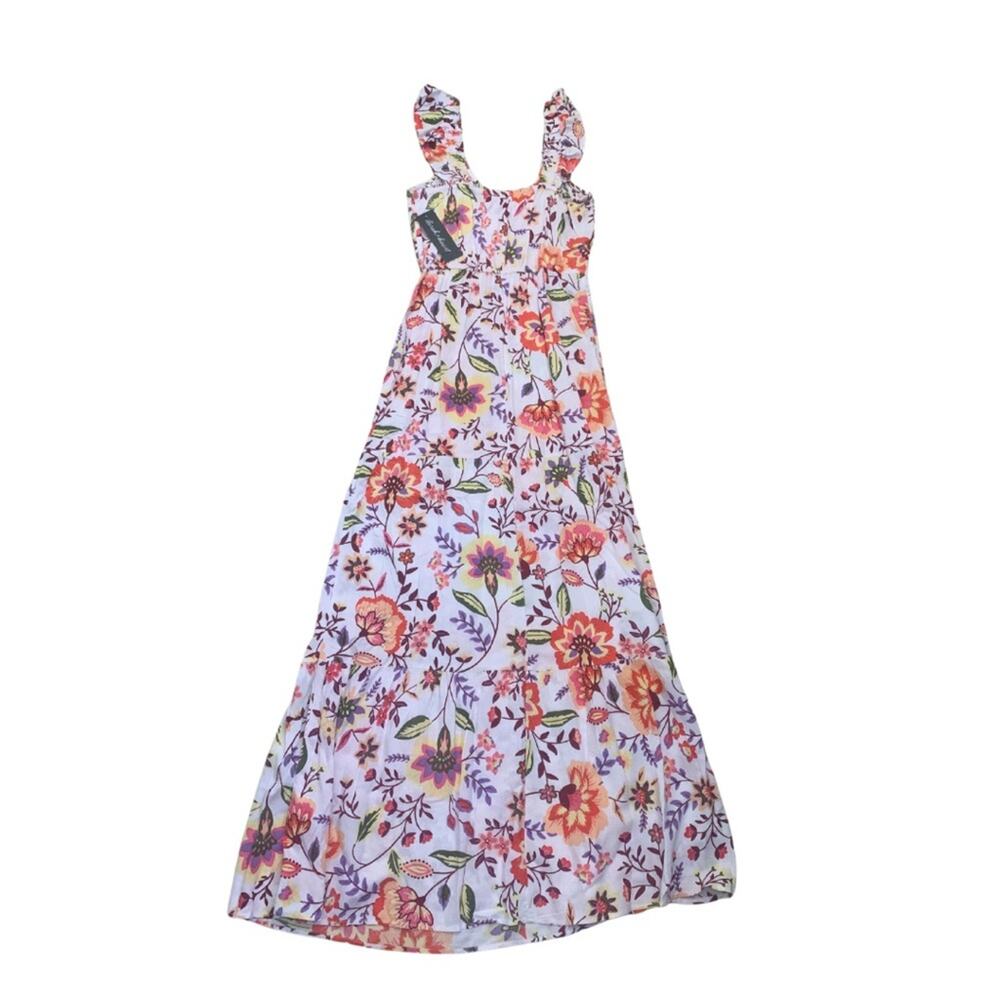 2/$30 Long Floral Print Sleeveless Maxi Dress Colorful Orange White Prairie Boho - Picture 8 of 11